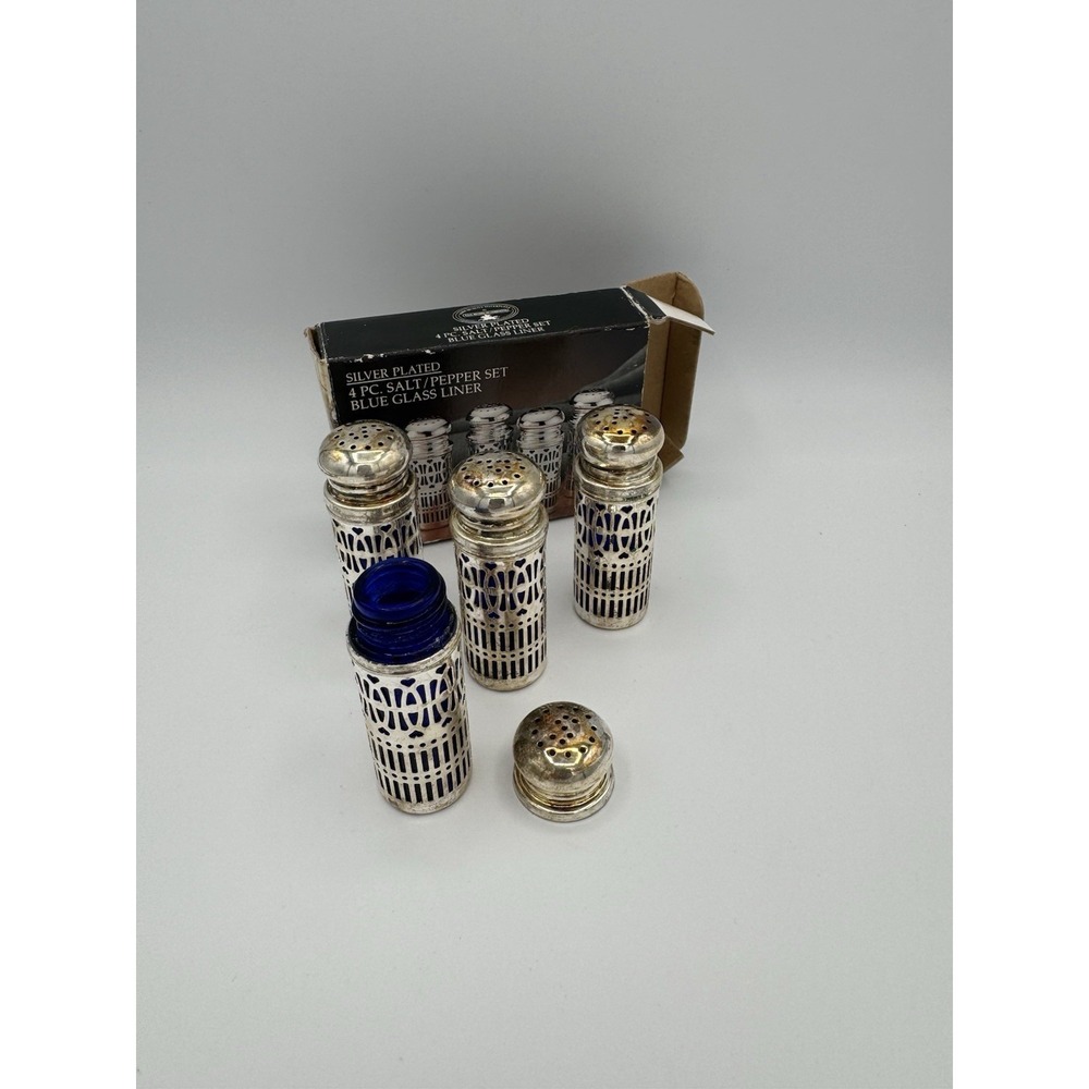 Silver Plated Blue Glass Salt & Pepper Shaker Set of 4 1980s Vintage Godinger